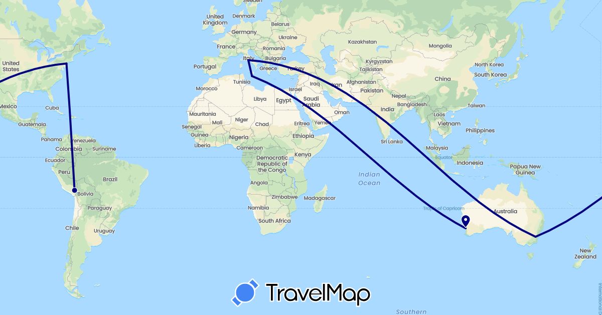 TravelMap itinerary: driving in Australia, Italy, Malta, Peru, United States (Europe, North America, Oceania, South America)